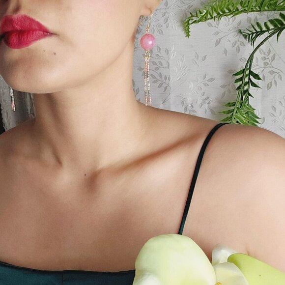 2/$27 | Pink Crystal Beaded Indigenous Native Fringe Earrings | Handmade - Picture 4 of 6